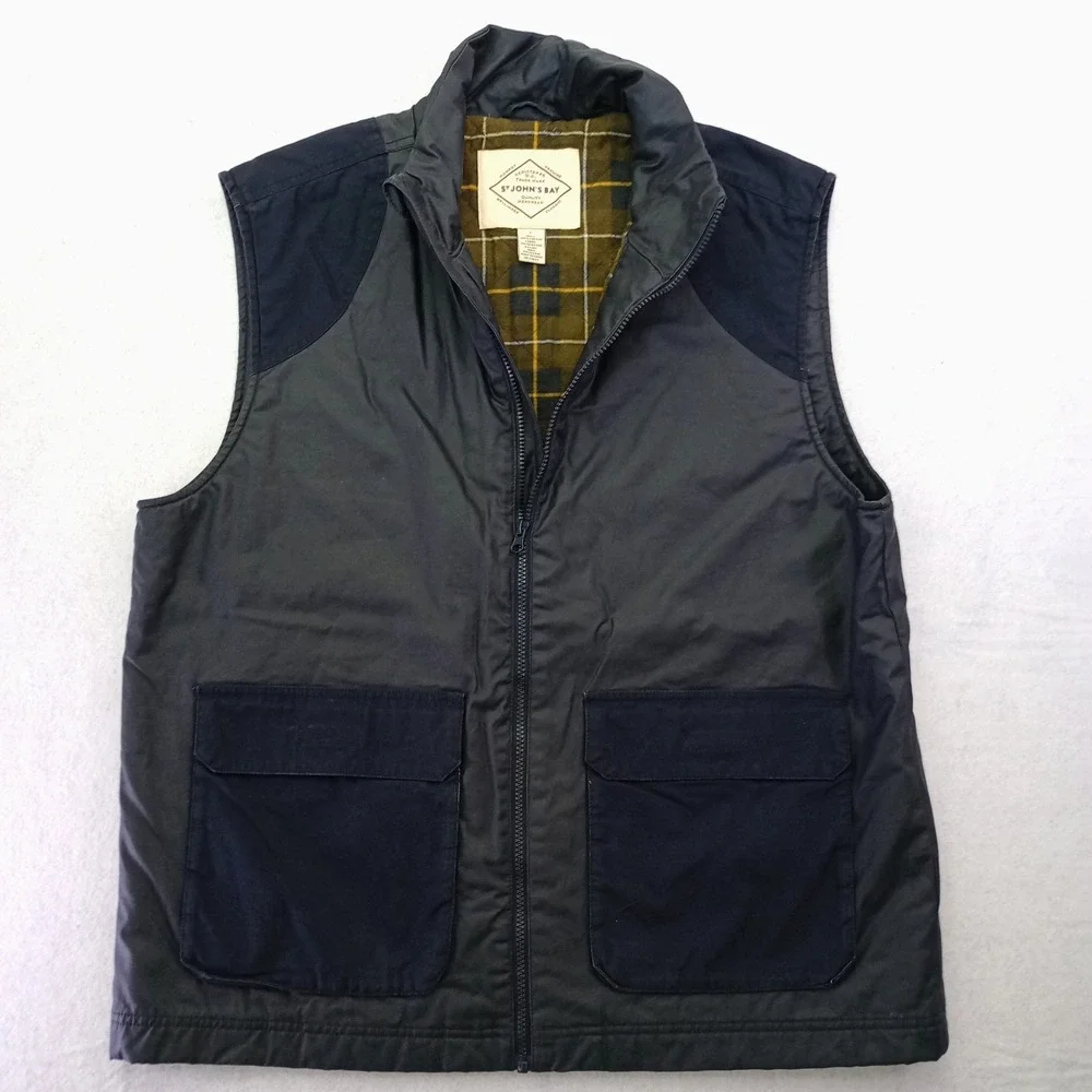 St. John's Bay Mens Vest Navy Full Zip Plaid Lined Cotton Large